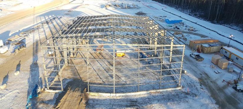 in process industrial metal building project aerial view